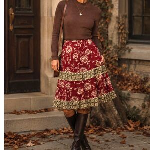 Liz & Co Red Floral Tiered Midi Skirt Sz 12 100% Cotton Boho Cottagecore Prairie